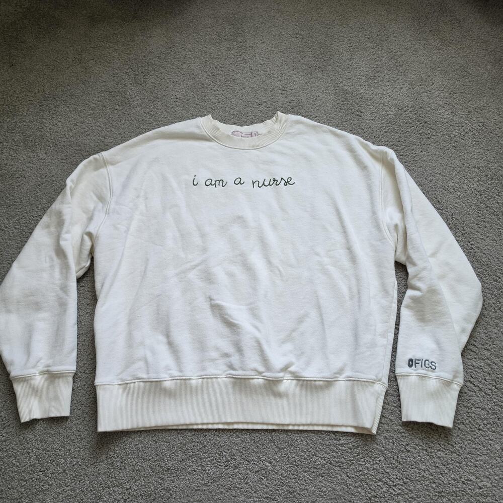 FIGS X Lingua Franca Sweatshirt Womens Large White I Am A Nurse Fleece Crewneck - Picture 2 of 11